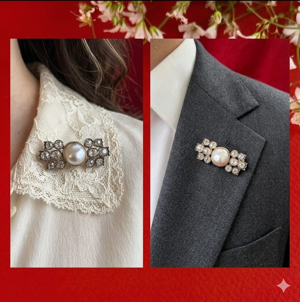 Natural Pearl and Diamond Brooch