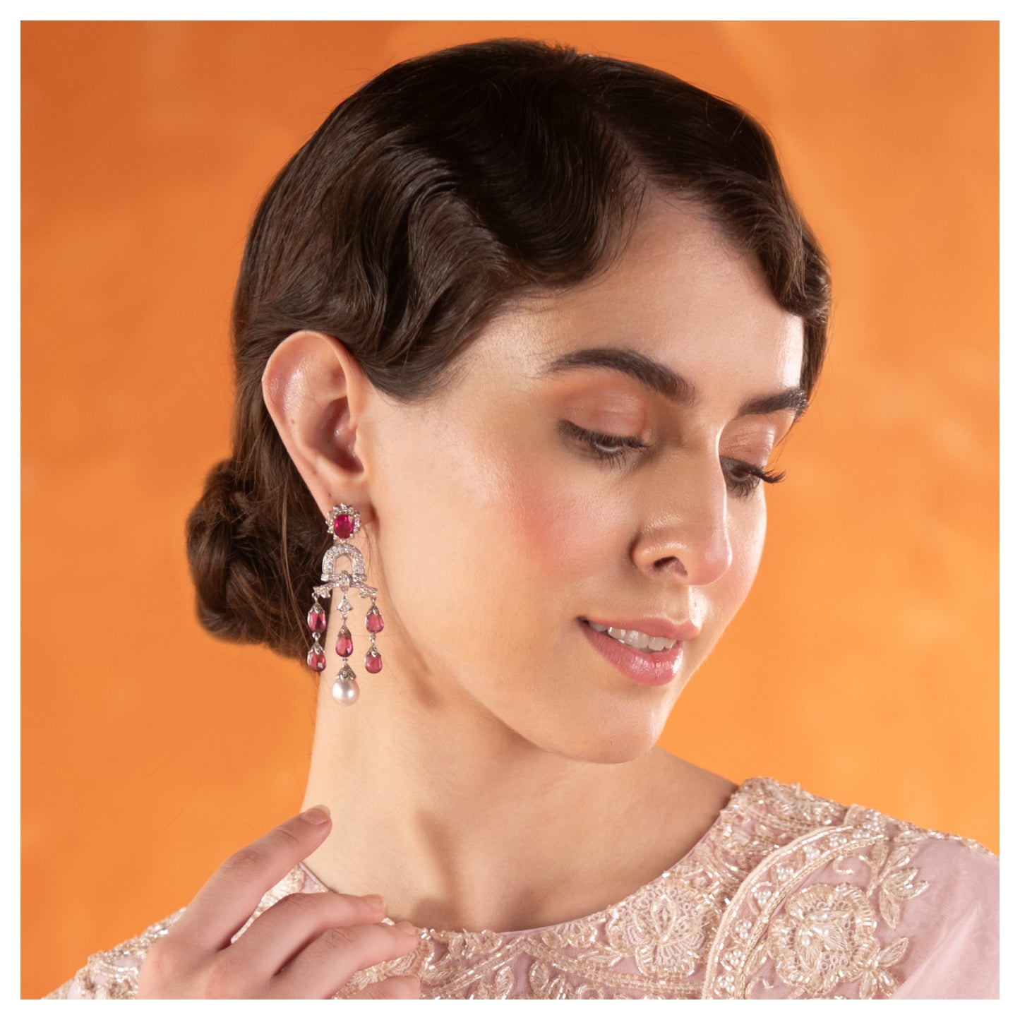 Natural Pearl, Ruby lite and Diamond Necklace-Earring Set