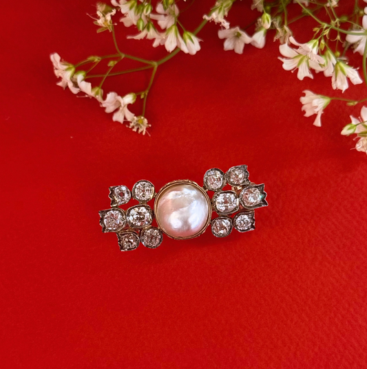 Natural Pearl and Diamond Brooch