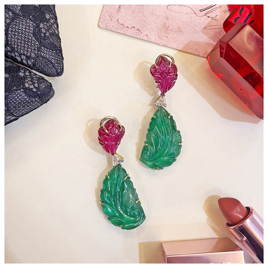 Natural Diamond and Emerald, Ruby Carving Earring