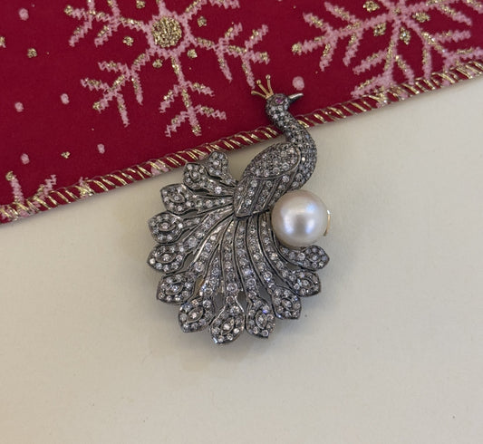 Natural Pearl and Diamond Brooch