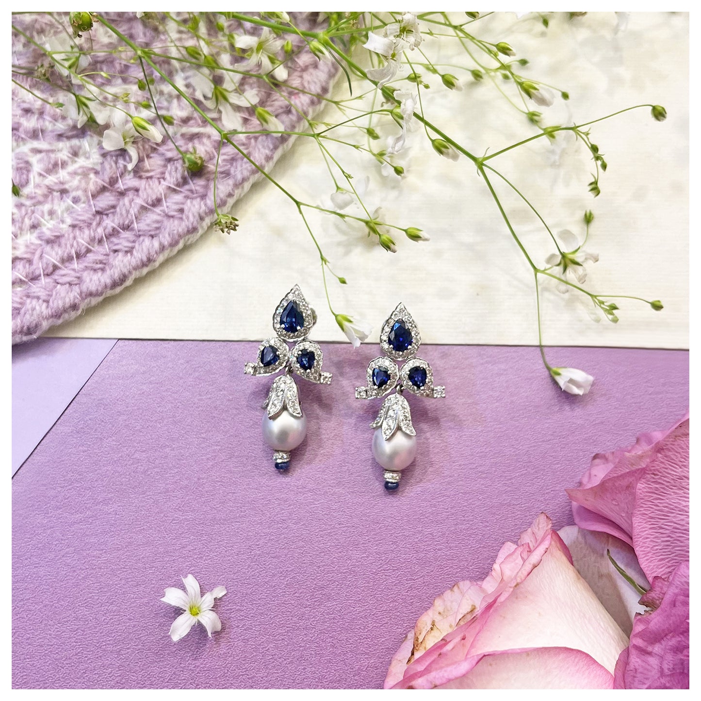 Natural South Sea Pearls, Sapphire and Diamond Earring