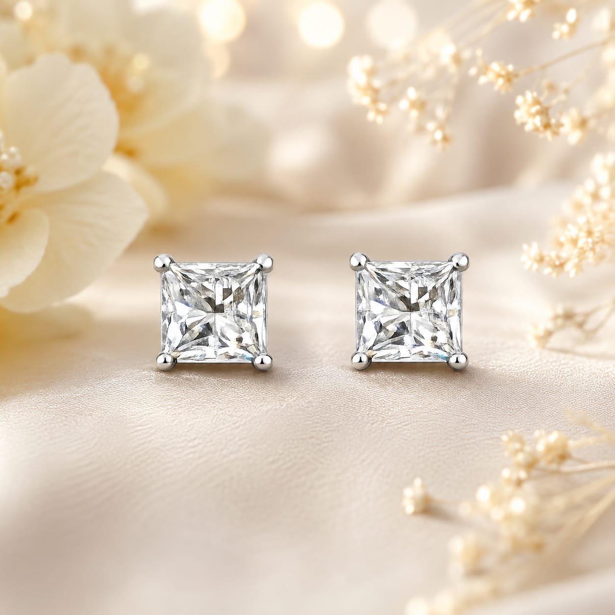 Natural Princess Cut Diamond Majestic Twins Studs
