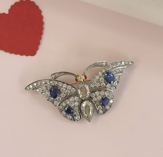 Natural Diamond and Blue Sapphire Brooch
