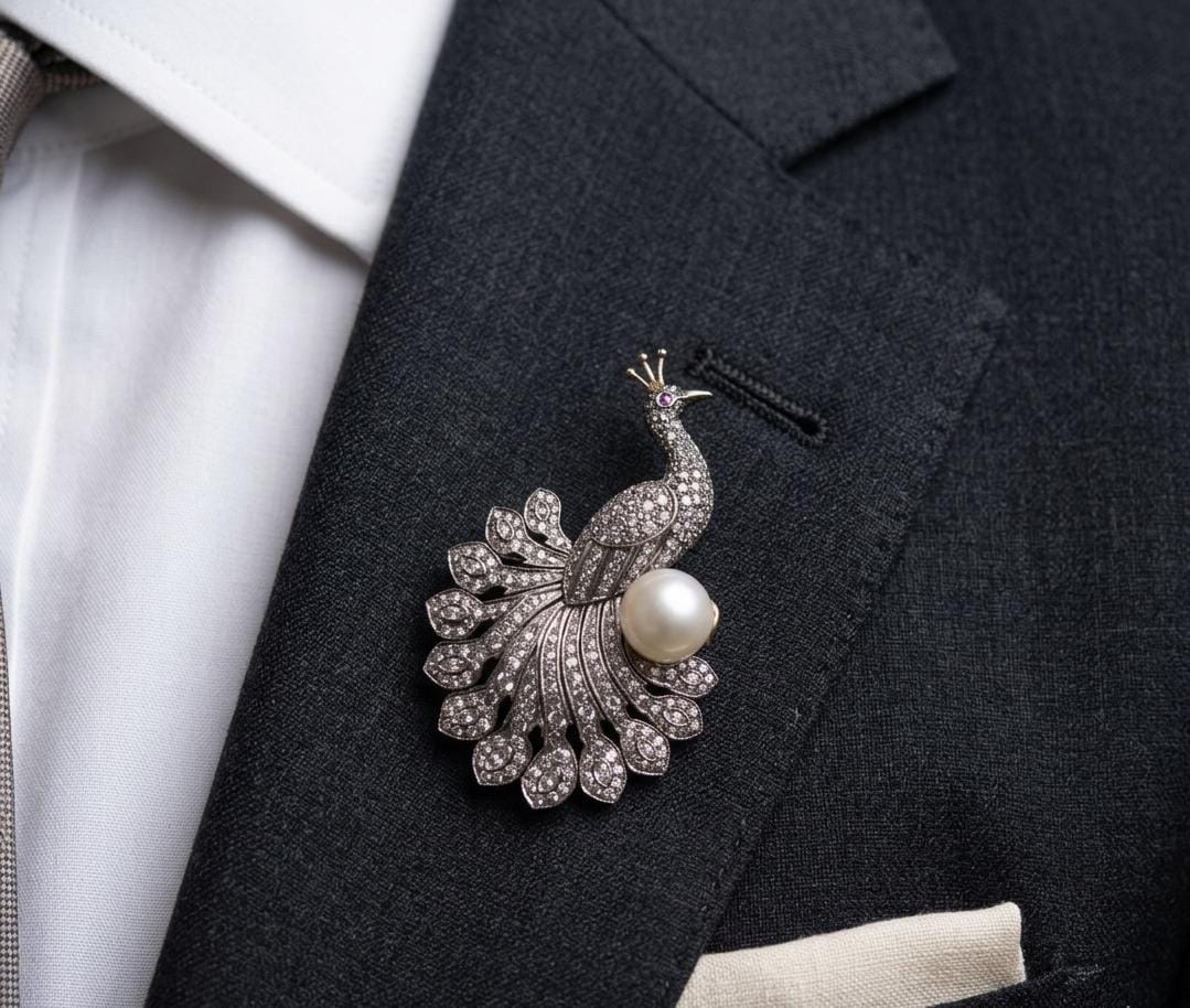 Natural Pearl and Diamond Brooch