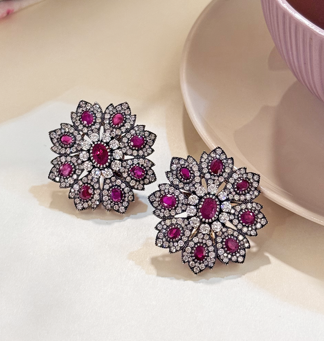 Natural Burma Ruby and Old-cut Diamond Earring