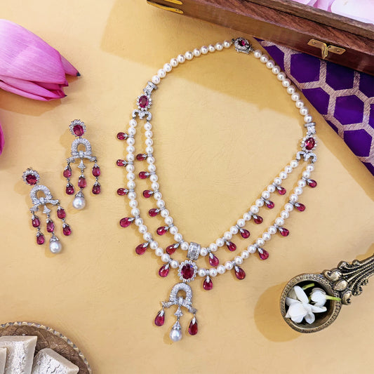 Natural Pearl, Ruby lite and Diamond Necklace-Earring Set